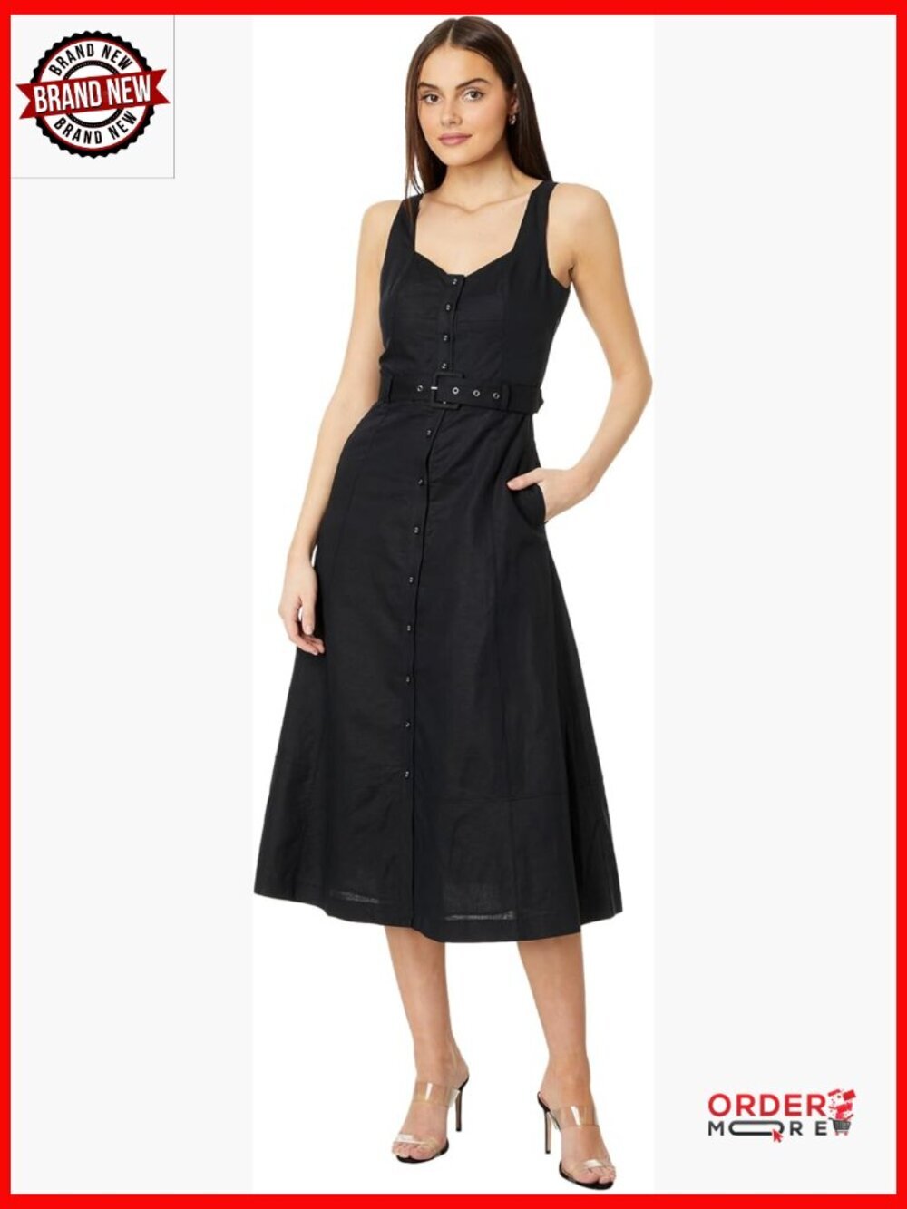 A-Line Midi Dress with Button Front and Pockets